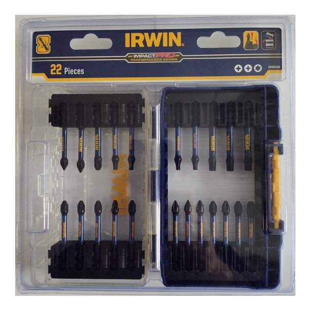 Набор бит IMPACT PRO 22шт, 1/4" 57мм PH1x2/PH2x4/PH3x1/Pz1x2/Pz2x5/Pz3x1/T20x4/T30x3, IRWIN