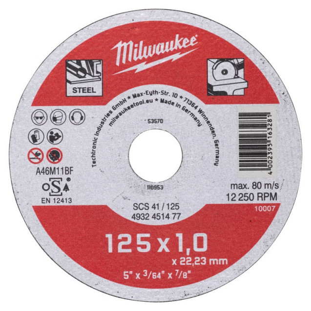 Отрезной диск по металлу SCS 41/125х1 MILWAUKEE 4932451477 Отрезной диск по металлу SCS 41/125х1 MILWAUKEE 4932451477